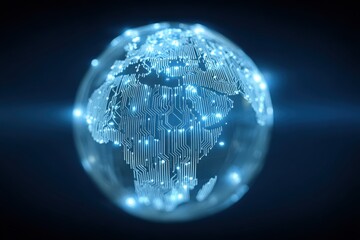 Futuristic digital earth globe with glowing blue network lines and circuit patterns.