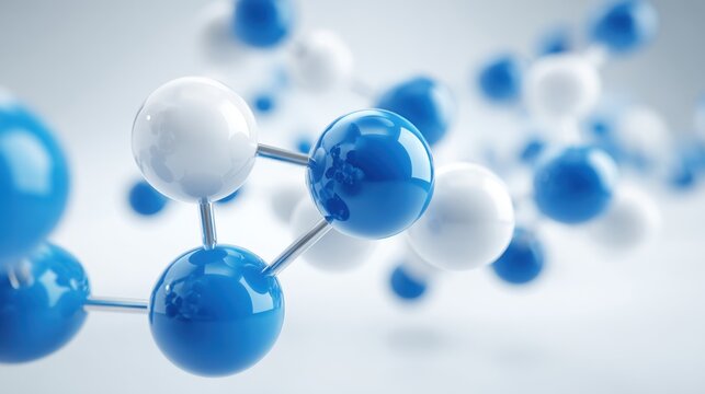 Abstract molecular model with blue white spheres connected by bonds representing chemistry science. - Powered by Adobe