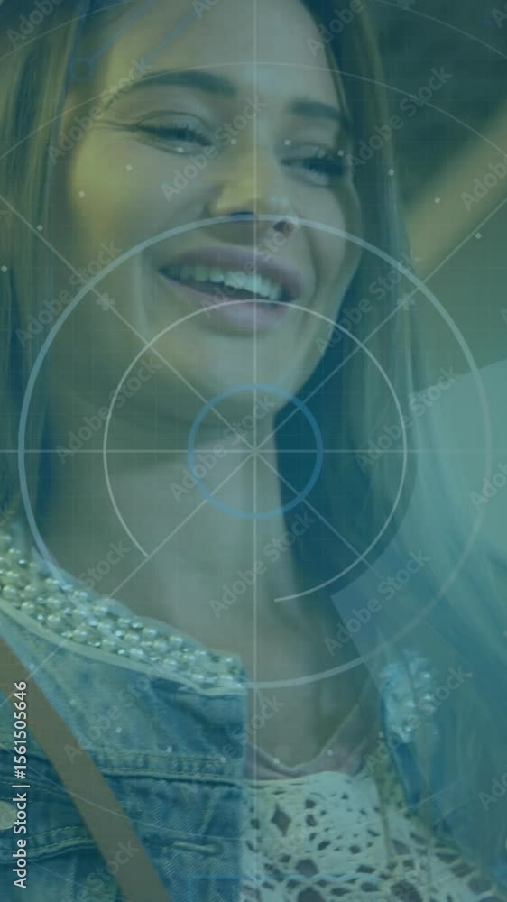 Poster animation of data processing and scope scanning over woman making contactless payment