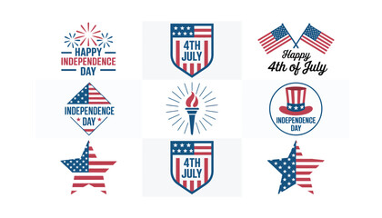 Patriotic 4th of july element collection including american flags, fireworks, badges, and liberty symbols for usa independence celebration