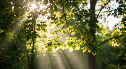 Fototapeta premium A close-up of vibrant green leaves, with sunlight filtering through them in the springtime forest, symbolizing growth and new beginnings