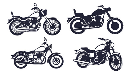 Collection of Motorbike Icon Silhouettes Isolated on White Background – Motorcycle Symbol Vector Set for Transport, Racing, and Automotive Design