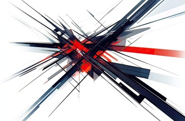 Abstract geometric design with intersecting lines and shapes in red, black, and gray on a white background