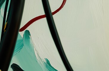 Abstract painting detail, creamy white and teal, with dark lines and red marks