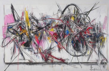 Abstract, dynamic composition with interwoven lines and bursts of color on a light background