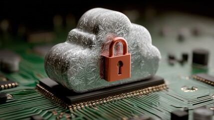 Cloud computing security concept with a silver cloud and red lock on circuit board background.