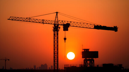 Construction crane silhouetted against vibrant sunset over city skyline