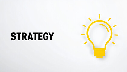 Strategy text next to a yellow glowing lightbulb icon on white background for business creativity and innovation, graphic design