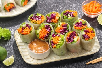 Vietnam Spring Roll. Vietnamese spring rolls, summer spring rolls, or salad spring rolls, a traditional dish in Vietnamese cuisine consisting of pork, shrimp, vegetables, bún, and other ingredients wr