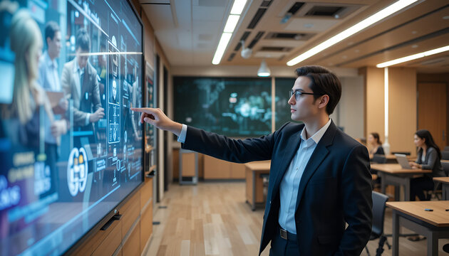 Businessman presents data on a digital screen in a modern office, showcasing technology and business strategy with colleagues.