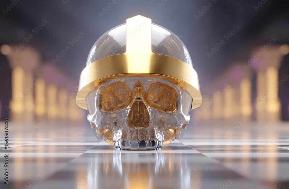 Poster a skull chess piece is the focal point of a grand hall, where it is surrounded by multiple rows of c