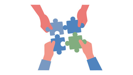 Four hands holding puzzle pieces together to form a complete square on a white background