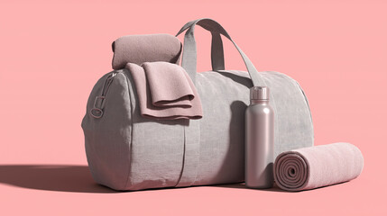 Essential gym bag with towel and water bottle on the pink background