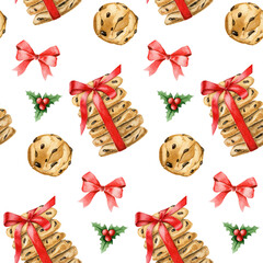 Watercolor sweet seamless pattern. Sweets chocolate chip cookies and stack of cookies . Festive seamless pattern with sweets on white background. Hand drawn illustration. 