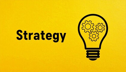 Strategy text next to gears in a lamp on bright yellow background for business and innovation, graphic design