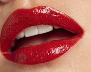 Obraz premium Beautiful female lips with red lipstick, close-up of the upper lip and lower teeth, macro photography, high detail, professional photo shoot, professional lighting, high resolution, high quality, 