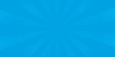 Comic background. Pop art texture. Starburst cartoon style. Anime design with explosion effect for print. Fun dot pattern. Blue backdrop with halftone gradient.