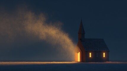 Fototapeta premium Small illuminated church shining warm light on snow covered landscape during night.