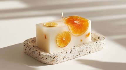 Elegant white candle with orange slices on speckled rectangular base in natural light.