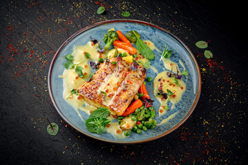 Baked salmon fillet served with a mix of vegetables on a dark background. Healthy gourmet dish.
