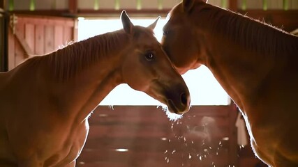 Gentle horses interaction, equine bonding moment in a stable setting