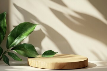 Wooden texture podium with green leaf detail, minimalist design, animated shadows