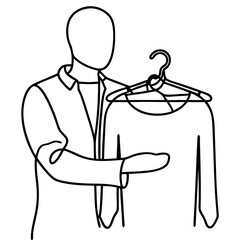 Obraz premium Person holding clothes hanger with shirt and sweater. Line art illustration of a person presenting clothing on a wooden hanger. Simple line drawing perfect for fashion blog, online store.