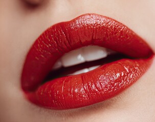 Fototapeta premium Beautiful female lips with red lipstick in close-up, macro shot. Stock photo contest winner, stock photography, perfect focus, sharp details, professional studio lighting, professional color grading. 