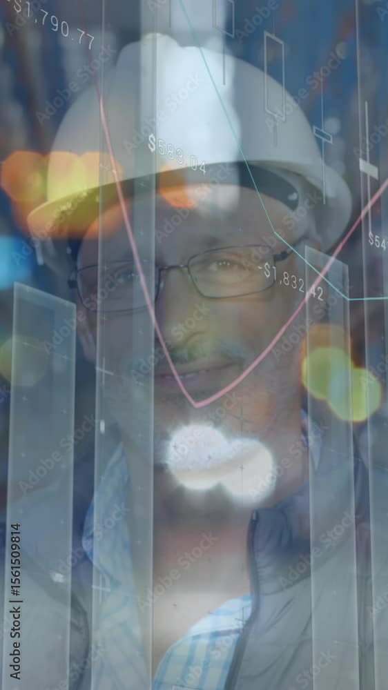 Poster animation of data processing over smiling man working in warehouse shipping centre