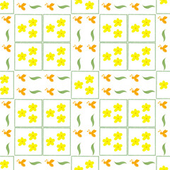 Yellow Floral Tile Seamless Pattern with Orange Butterflies and Leaves_2