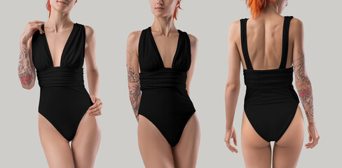 One piece black swimsuit mockup on slim girl with tattoo, front view, back view, isolated on...