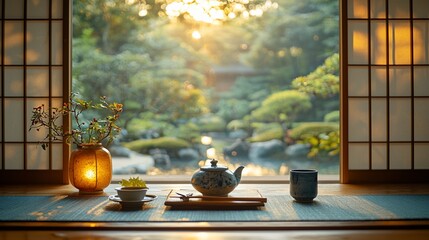 Tranquil Japanese tea ceremony scene at dawn.  A serene,  peaceful interior with a view of a beautiful Zen garden bathed in morning light.  A small tea set,  floral arrangement