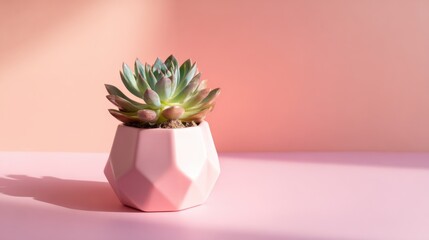 Elegant pink geometric pot with green succulent plant on pastel pink background.