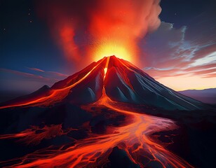 Stylized volcano erupting glowing lava at night, dramatic lighting