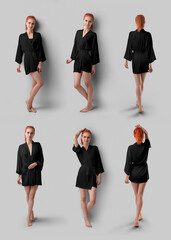 Mockup of black silk kimono on red-haired girl in full height, front, side, back view, bathrobe...
