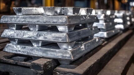 Stacked silver metal ingots arranged in a row on a dark industrial surface in a close-up shot.