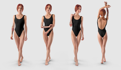 Template of a black sports swimsuit on a redheaded girl in full height, front, back view, for...