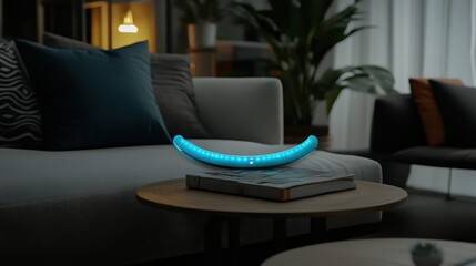 Illuminated curved object on a coffee table.