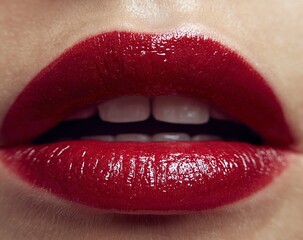 Obraz premium Beautiful female lips with red lipstick in close-up, macro shot. Stock photo contest winner, stock photography, perfect focus, sharp details, professional studio lighting, professional color grading. 