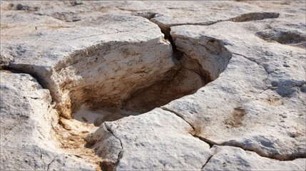 Obraz premium Close-up of earth crack with hole in dry rocky terrain showing detailed surface textures.