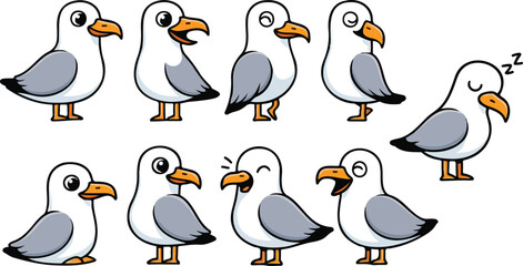 vector illustration of seagull bird funny cute cartoon mascot character cartoon with 9 poses 
