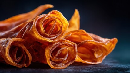 Close-up of dried sweet potato chips with curled edges and crunchy texture.