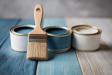 A paintbrush placed next to three cans of blue and white wall paint on a wooden table with copy space, showcasing a modern house or townhouse interior design and decoration concept