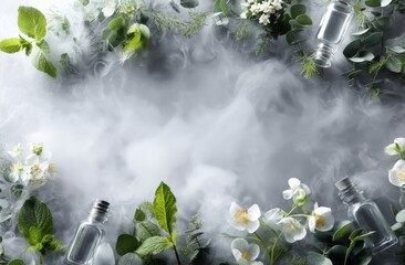 A serene and natural atmosphere was created by the soft, misty backdrop surrounding two amber bottles nestled among lush green foliage and delicate white flowers
