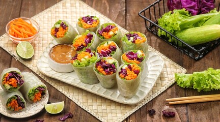 Vietnam Spring Roll. Vietnamese spring rolls, summer spring rolls, or salad spring rolls, a traditional dish in Vietnamese cuisine consisting of pork, shrimp, vegetables, bún, and other ingredients wr