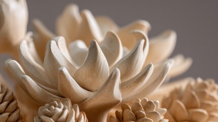 Close-up of intricate beige and white seashells with detailed textures and patterns.