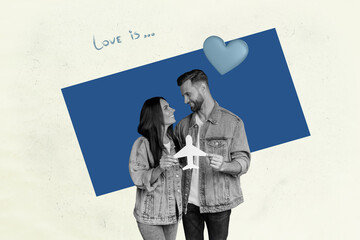 Zine trendy art banner creative collage of happy girl guy receive like reaction popular blog concept valentine day donation