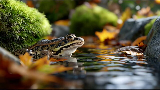 A frog is sitting in a pond surrounded by leaves and moss