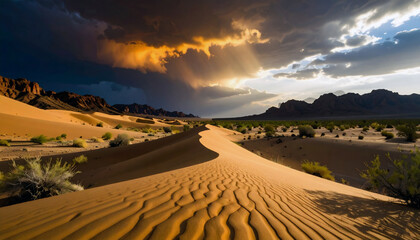 panorama d'un d&eacute;sert avec dune de sable clair, rare v&eacute;g&eacute;tation et ciel nuageux