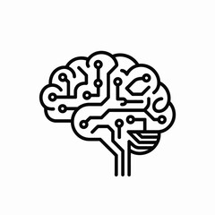 Stylized black and white illustration of a human brain integrated with electronic circuit board pathways
